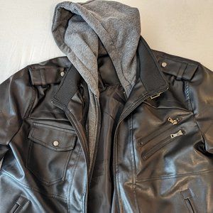 Faux black leather jacket with removable interior grey lining/hood men's large